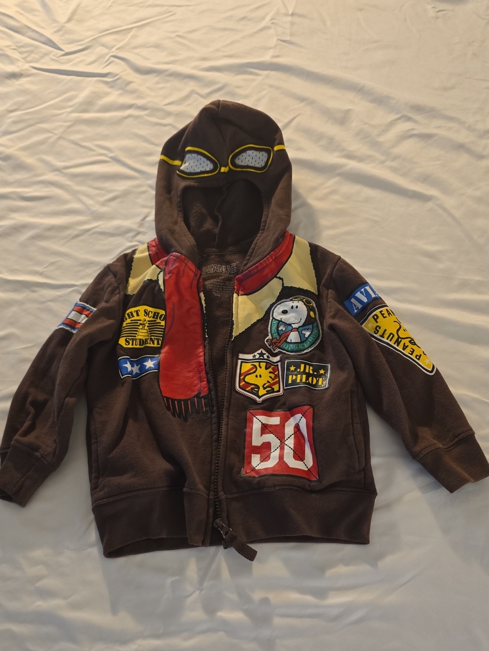 Kids Brown Aviator Hoodie Snoopy & Woodstock Peanuts Zip Up